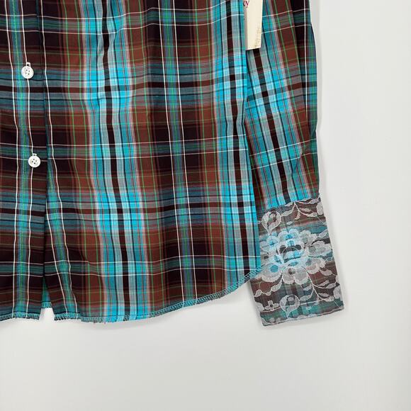 Ears of Buddha Shirt Womens Small Blue Plaid Lace Franky Hand Sewn Sustainable - Picture 7 of 9